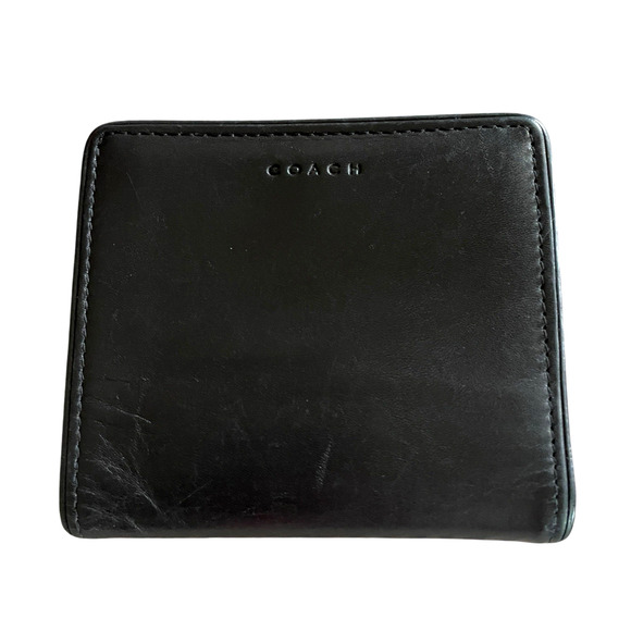 COACH Small Soft Black Leather Bi Fold Silver Coin Purse Wallet Cards Bills VTG - Picture 1 of 9